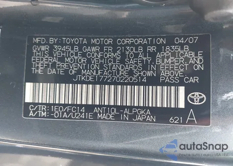 2007 Scion Tc from USA, damaged, VIN JTKDE177270220514